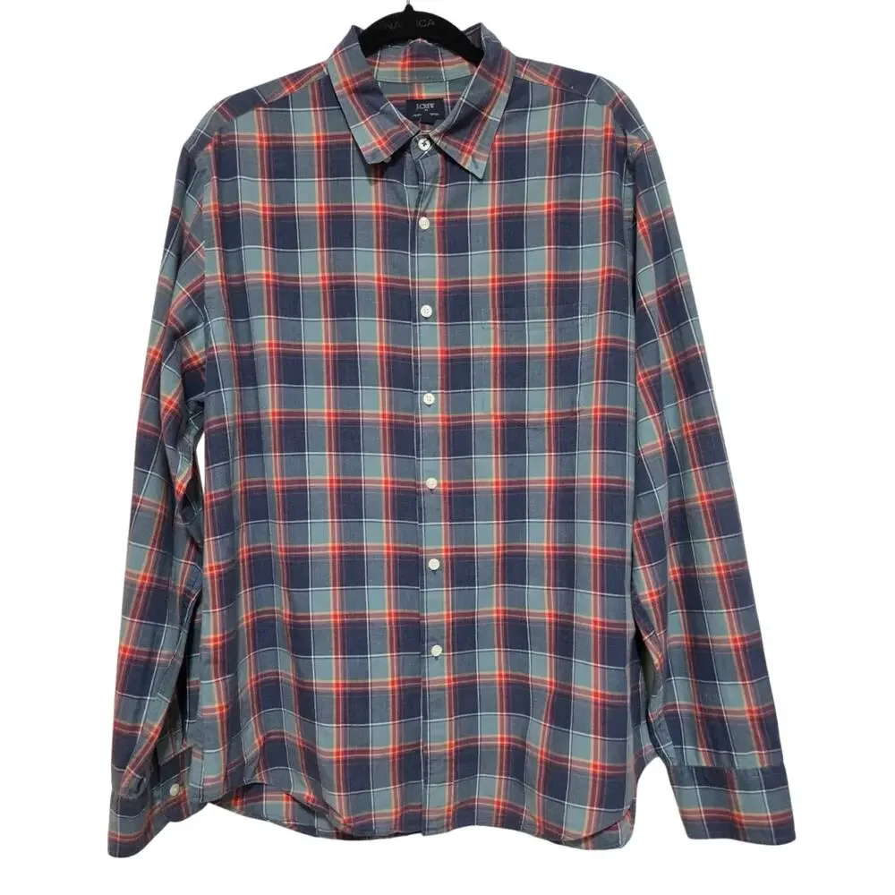 J.Crew Men’s Large Heathered Cotton Plaid Button Down Shirt Blue Red